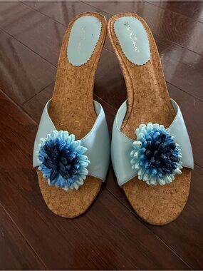 Vintage Nina Light Blue Cork Slide Sandals with Blue Ombre Flower